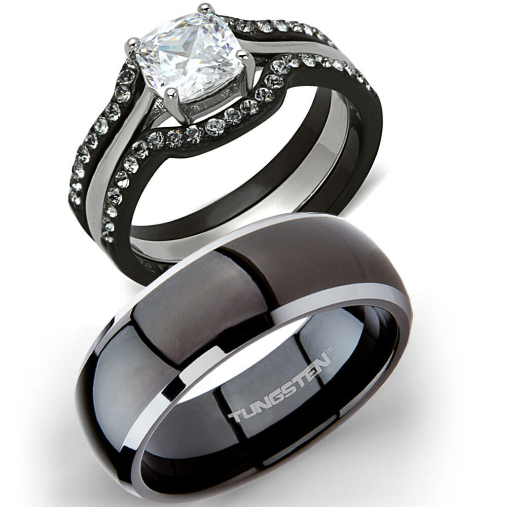 Black Wedding Band Sets
 His Tungsten & Hers 4 Pc Black Stainless Steel Wedding