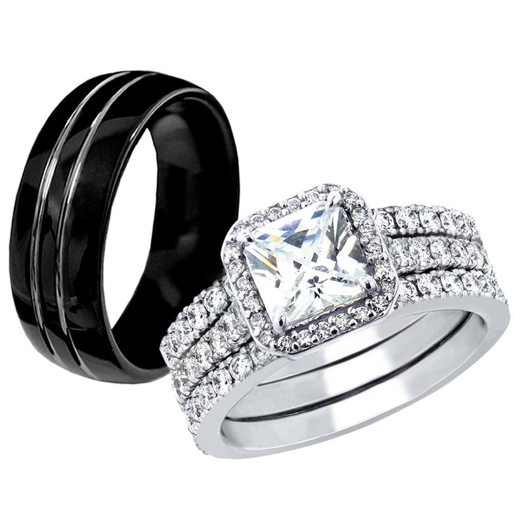 Black Wedding Band Sets
 Hers 925 Sterling Silver CZ His Black Tungsten Engagement
