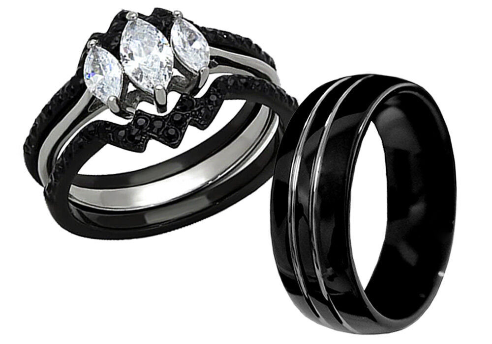 Black Wedding Band Sets
 His Tungsten Hers Black Stainless Steel 4 Pcs Wedding