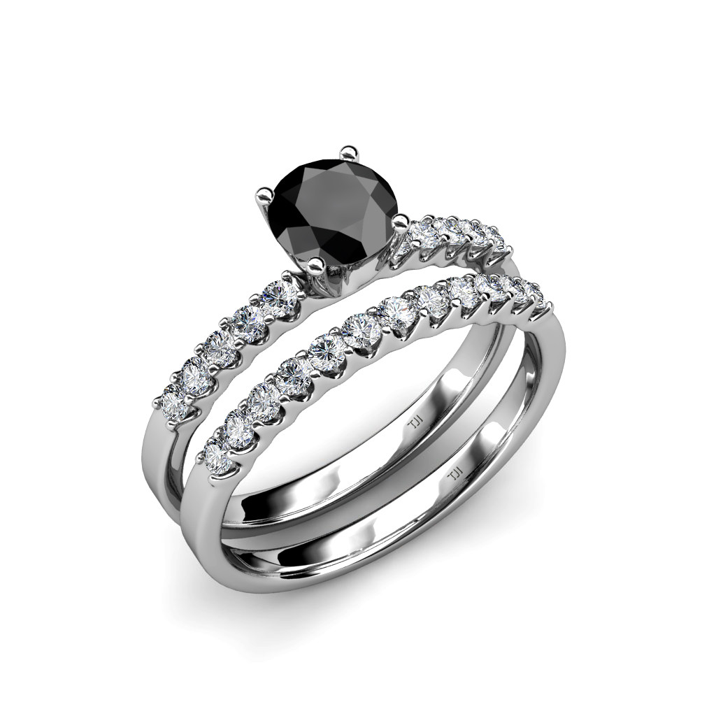 Black Wedding Band With Diamonds
 Black and White Diamond Halo Bridal Set Ring & Wedding