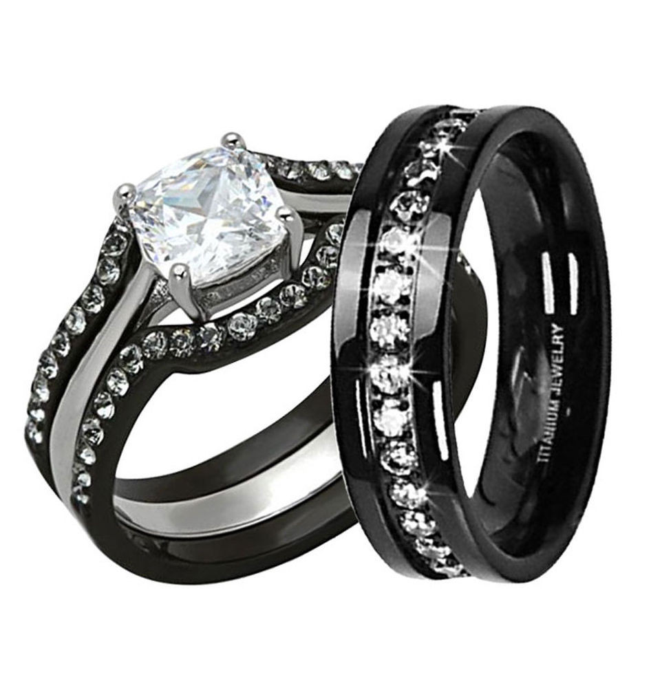 Black Wedding Band With Diamonds
 His Hers 4 Pc Black Stainless Steel Titanium Wedding