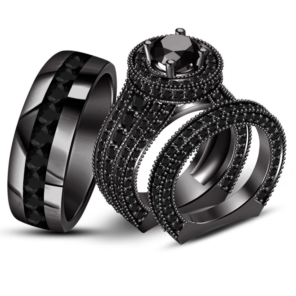 Black Wedding Bands For Her
 Diamond Trio Set Black Gold Fn Matching His & Her