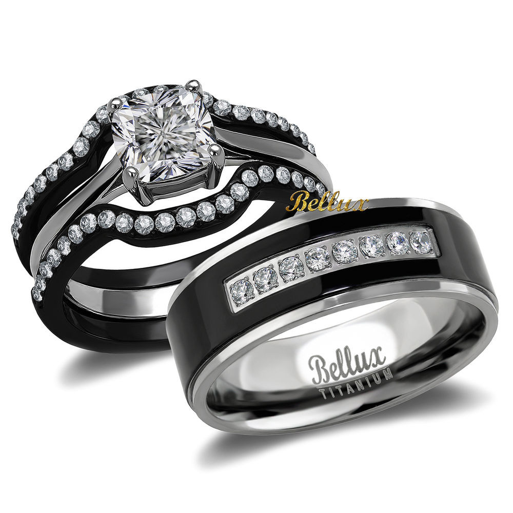 Black Wedding Bands For Her
 His and Hers Titanium Stainless Steel CZ Bridal Matching