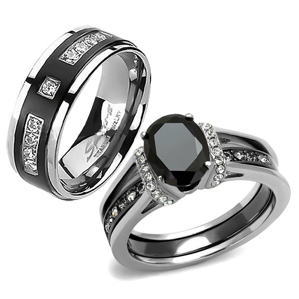 Black Wedding Bands For Her
 HER & HIS BLACK CZ Stainless Steel Wedding Engagement Ring