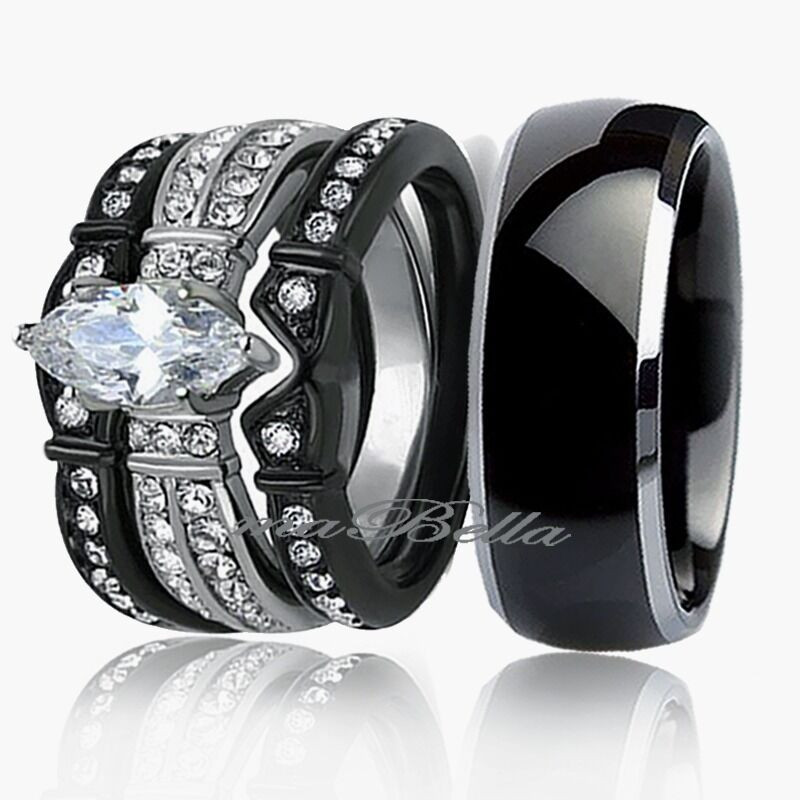 Black Wedding Bands For Her
 Classic 4 Pc His Titanium Her Black Stainless Steel Bridal