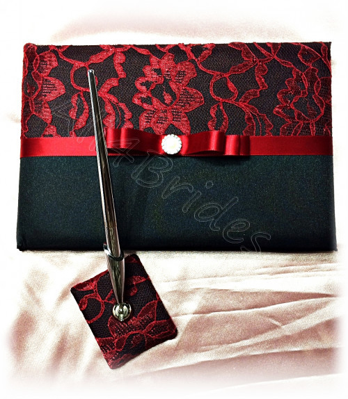 Black Wedding Guest Book And Pen Set
 Black and red lace wedding guest book and pen set