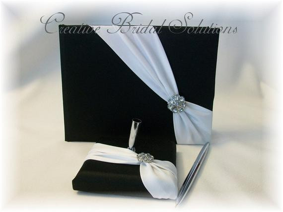 Black Wedding Guest Book And Pen Set
 Black and White Wedding Guest Book and Guest Pen Set Diagonal