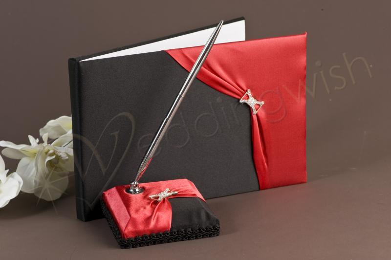 Black Wedding Guest Book And Pen Set
 Wedding Black and Red Satin Guest Book and Matching Pen