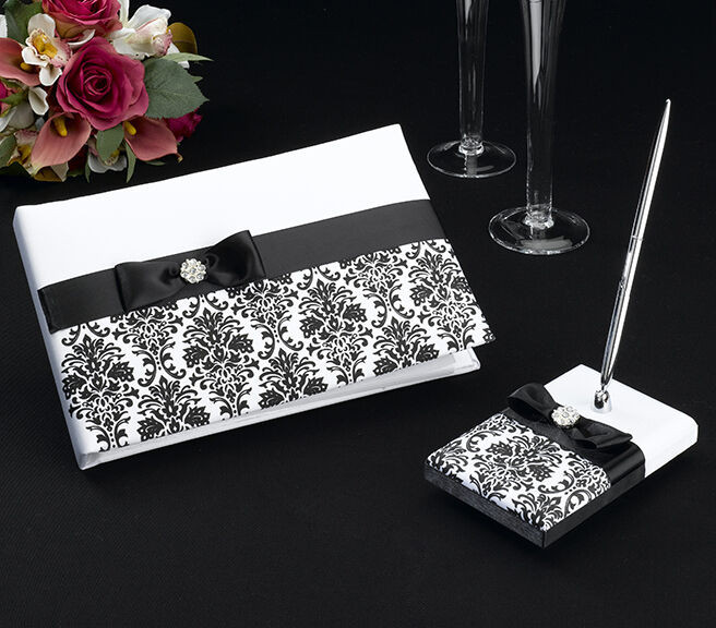 Black Wedding Guest Book And Pen Set
 Black And White Damask Satin Covered Wedding Guest Book