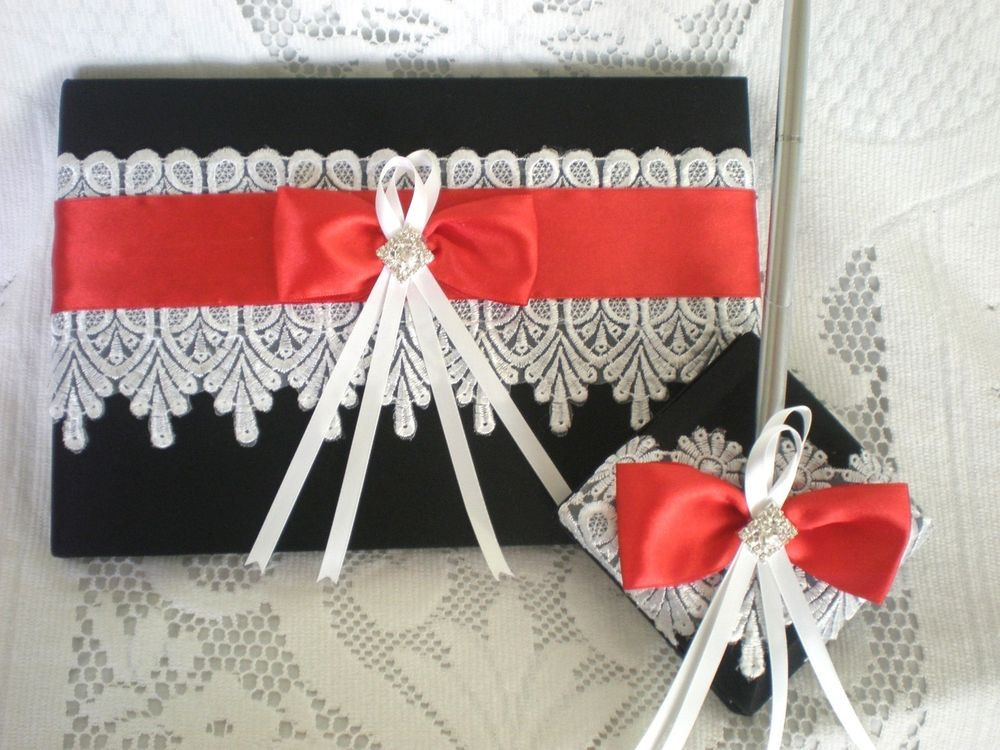 Black Wedding Guest Book And Pen Set
 White Lace Black & Red Wedding Guest Book & Pen Set