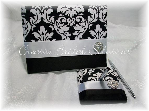 Black Wedding Guest Book And Pen Set
 Black and White Damask Wedding Guest Book and Pen Set