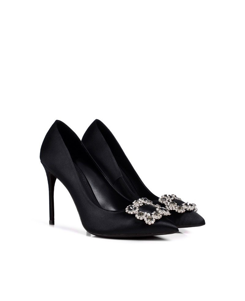 Black Wedding Shoes
 Elegant Black Satin Wedding Shoes High Heels With Crystal