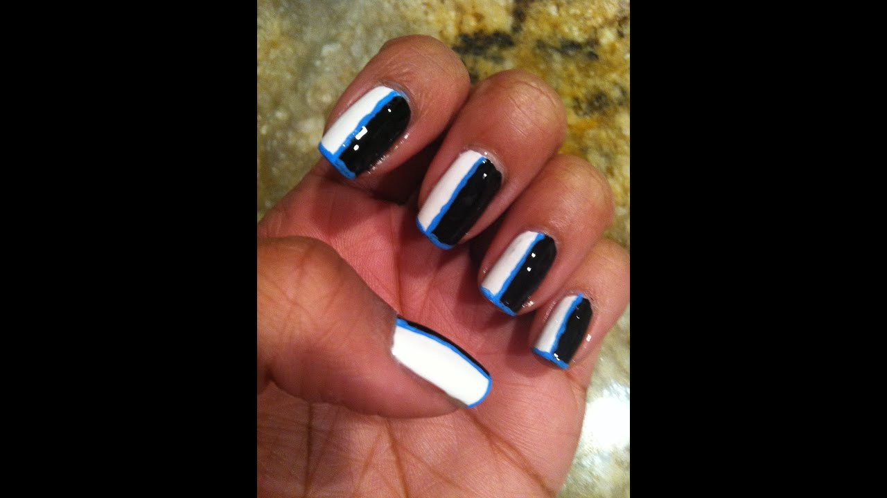 Blue And Black Nail Designs
 Black and White nail design w Light Blue Trim