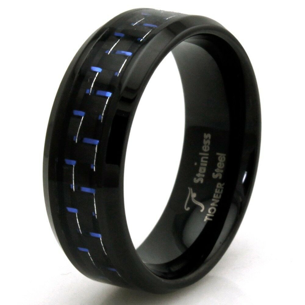 Blue And Black Wedding Rings
 Stainless Steel Blue Carbon Fiber Personalized Black Mens