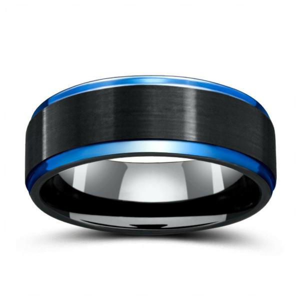 Blue And Black Wedding Rings
 8mm Blue & Black Mens Tungsten Wedding Band With Step Down