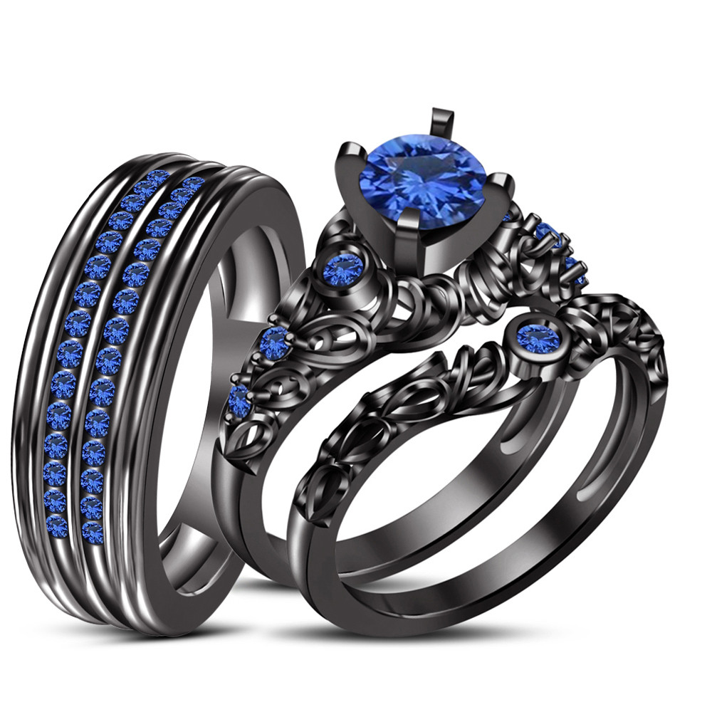 Blue And Black Wedding Rings
 Blue Sapphire Black GP 925 Silver His & Her Wedding Ring