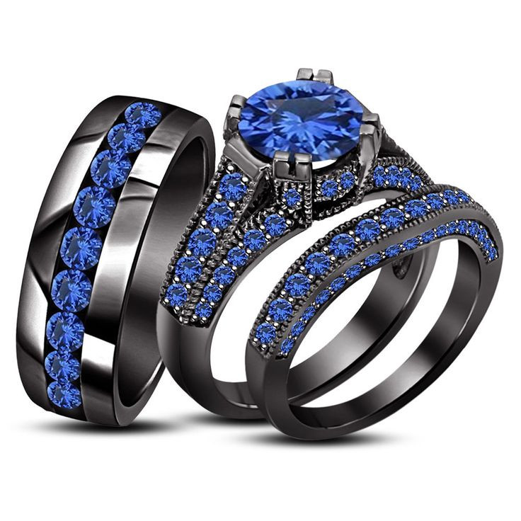 Blue And Black Wedding Rings
 Blue Sapphire Black Gold PL 925 Silver His & Her Trio