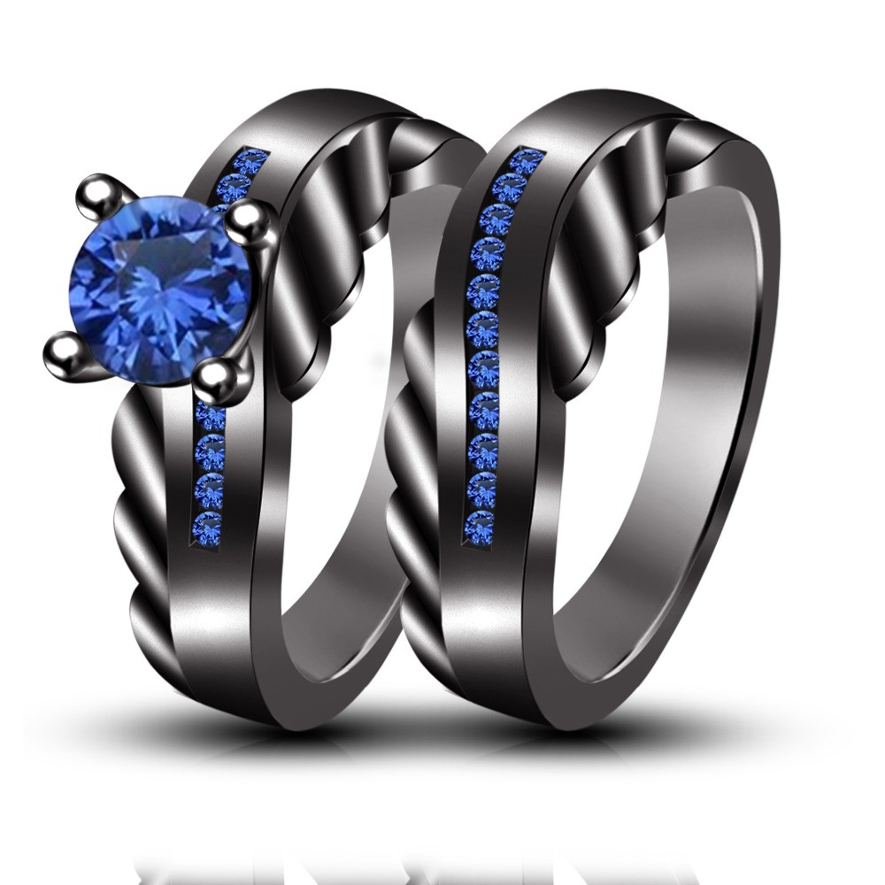 Blue And Black Wedding Rings
 Wedding & Engagement Rings Set Blue Sapphire Handmade