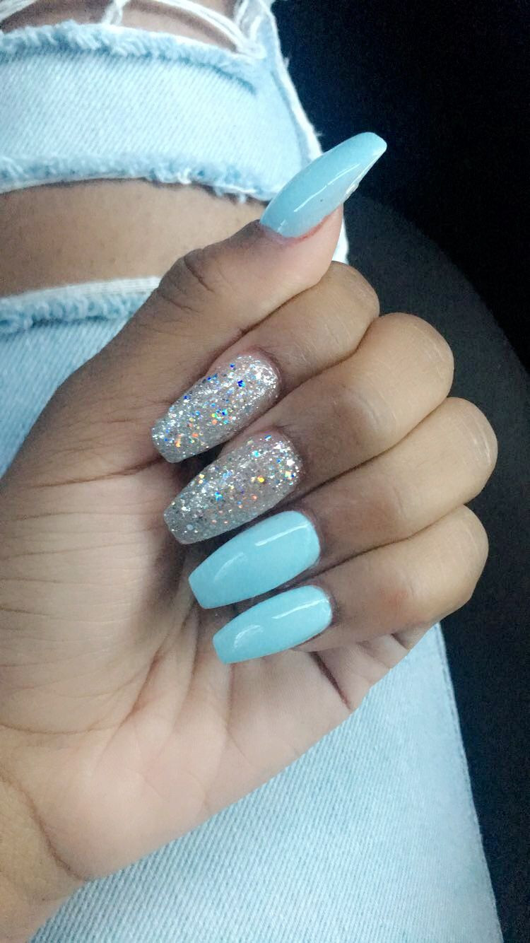 Blue And Glitter Nails
 Blue coffin nails with glitter
