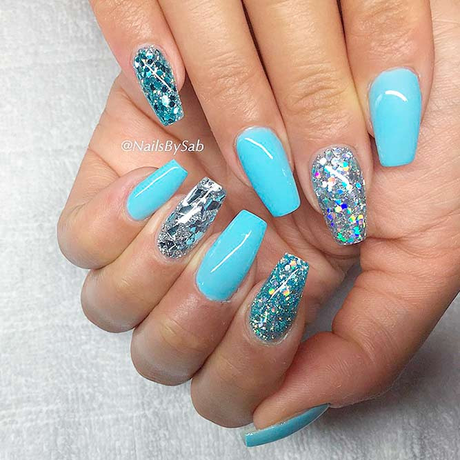 Blue And Glitter Nails
 Hot Color Shades to Stay Fashionable with Ballerina Nails