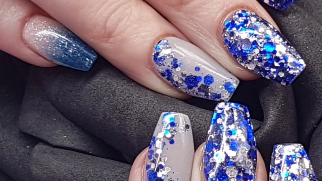 Blue And Glitter Nails
 Black Blue & Grey Acrylic and Glitter Nails