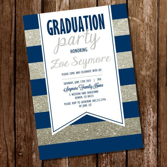 Blue And White Graduation Party Ideas
 Navy Blue and Silver Graduation Invitation