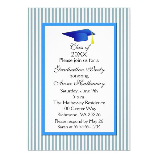 Blue And White Graduation Party Ideas
 Fun Blue And White Stripe Graduation Party 5x7 Paper