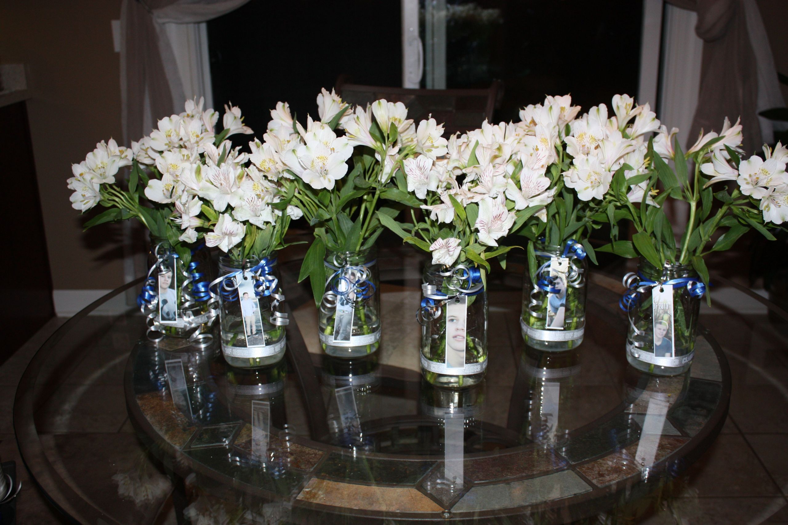 Blue And White Graduation Party Ideas
 Table Centerpieces Glass Ball Jars white flowers blue