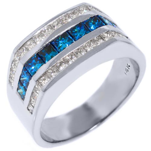 Blue Diamond Mens Wedding Band
 MENS 14KT WHITE GOLD BLUE DIAMOND RING WEDDING BAND