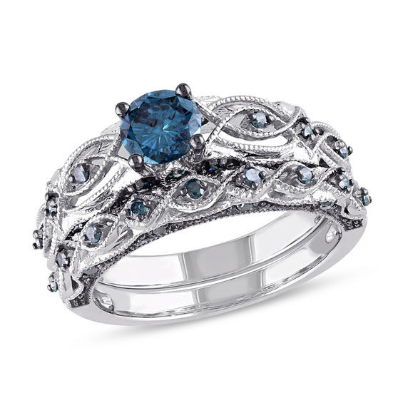 Blue Diamond Wedding Band
 1 CT T W Enhanced Blue Diamond Vintage Style Bridal Set