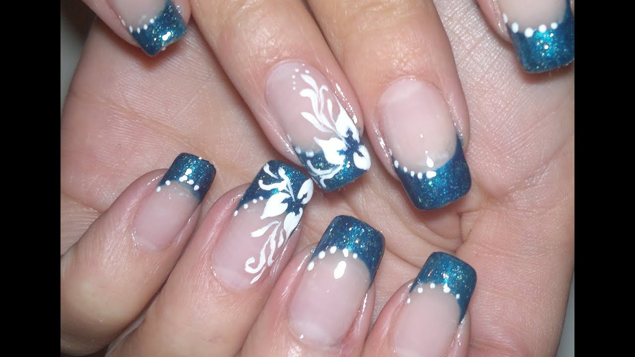 Blue French Tip Nail Designs
 Nail Art simple and elegant video tutorial white flower