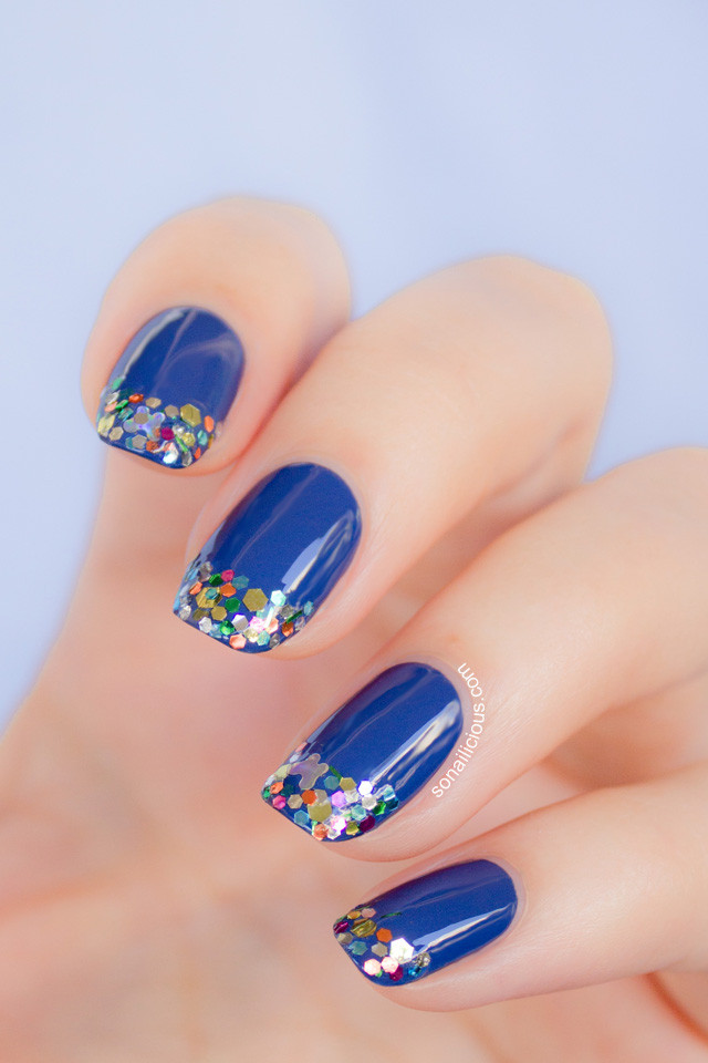 Blue Glitter Nails
 Bloom Cosmetics nail polish Emily Green Navy & Multi Sparkle