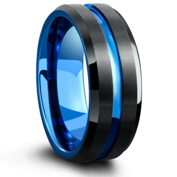 Blue Tungsten Wedding Bands
 Mens Tungsten Wedding Band With Carved Blue Channel