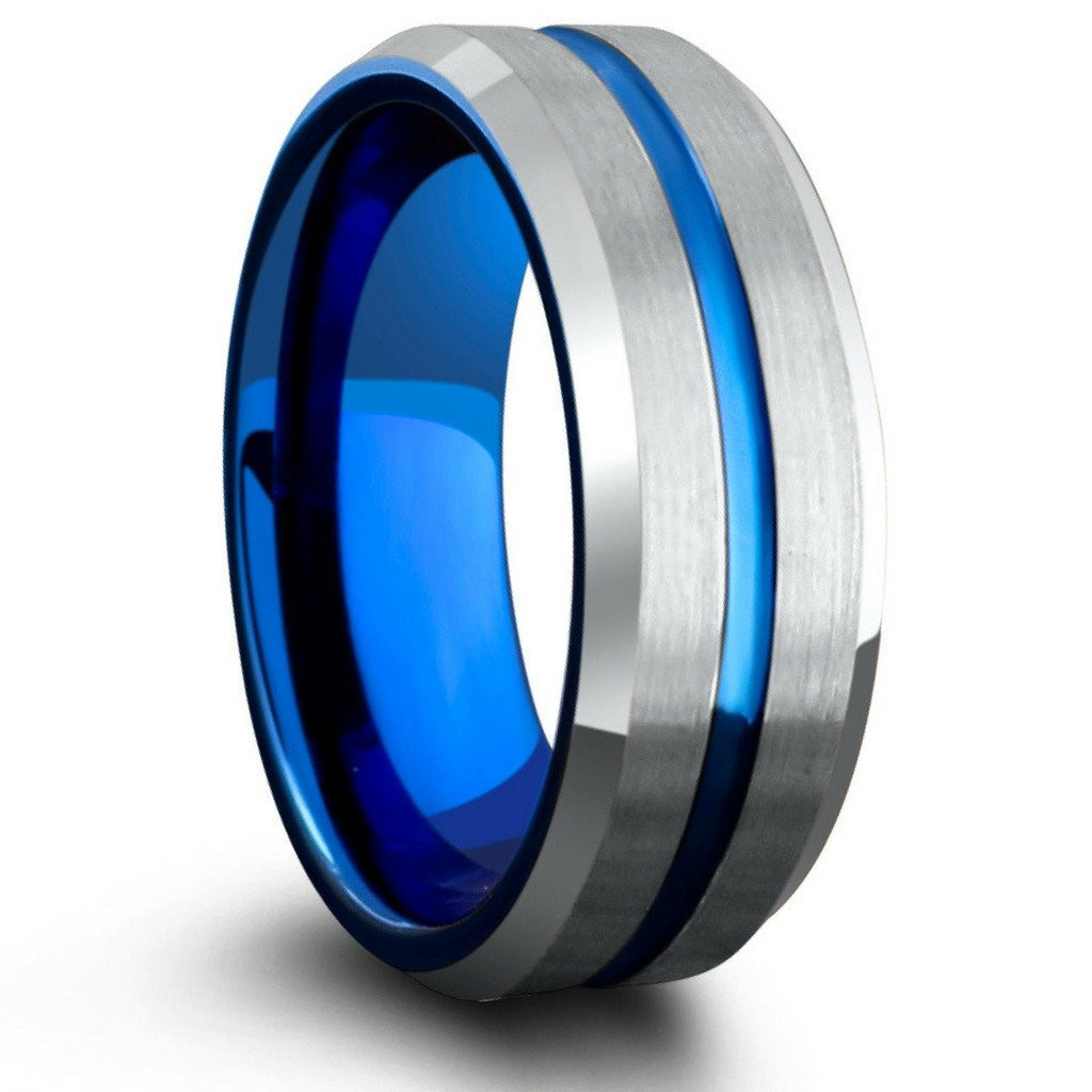 Blue Tungsten Wedding Bands
 The Atlantic Blue & Silver Ring With Blue Carved Center