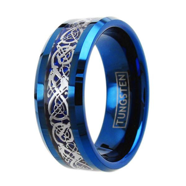 Blue Tungsten Wedding Bands
 Silver Celtic Dragon on Blue Tungsten Ring Wholesale