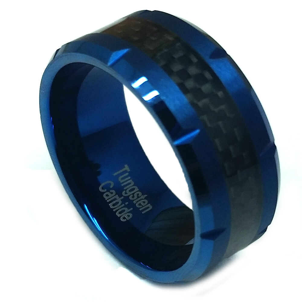 Blue Tungsten Wedding Bands
 9mm Men Blue Tungsten Carbide Black Carbon Fiber Inlay