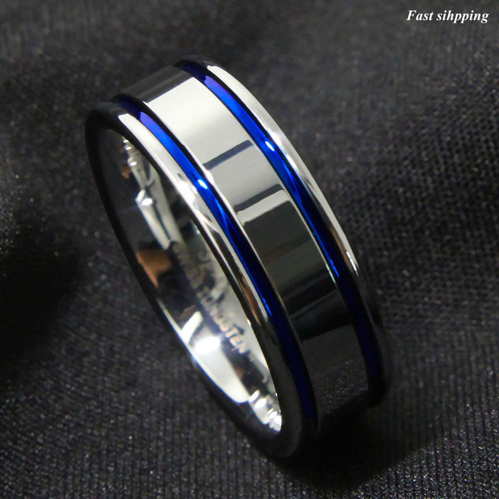 Blue Tungsten Wedding Bands
 8Mm Tungsten Carbide ring Men s Double Blue Stripe Wedding
