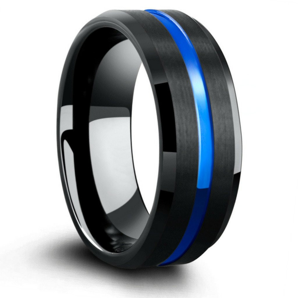 Blue Tungsten Wedding Bands
 Blue Ocean Black 8mm & 6mm Charcoal Black Tungsten