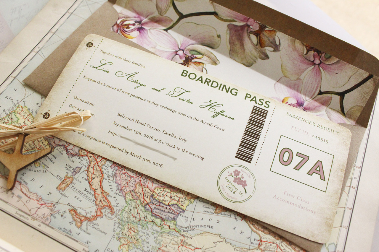 Boarding Pass Wedding Invitation
 Orchid Boarding Pass Wedding Invitation Italy