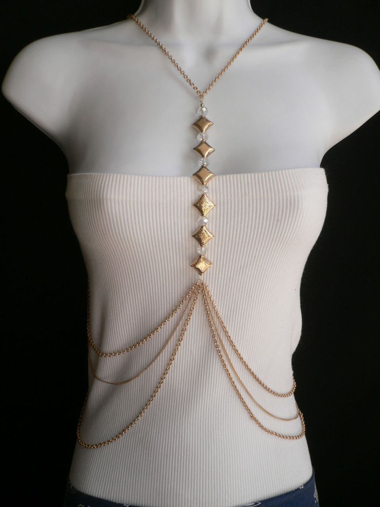 Body Jewelry Chains
 NEW WOMEN GOLD SQUARE MOROCCAN CLEAR BEADS LONG METAL BODY