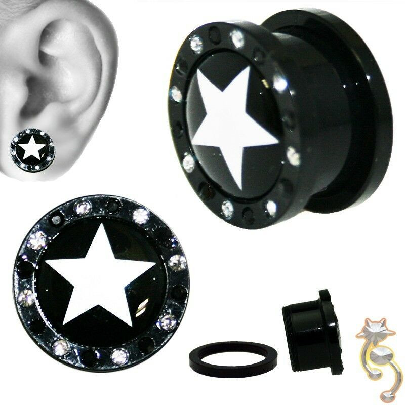 Body Jewelry Ears
 White Star Clear CZ Plugs Black Gauge Body Jewelry Tunnel