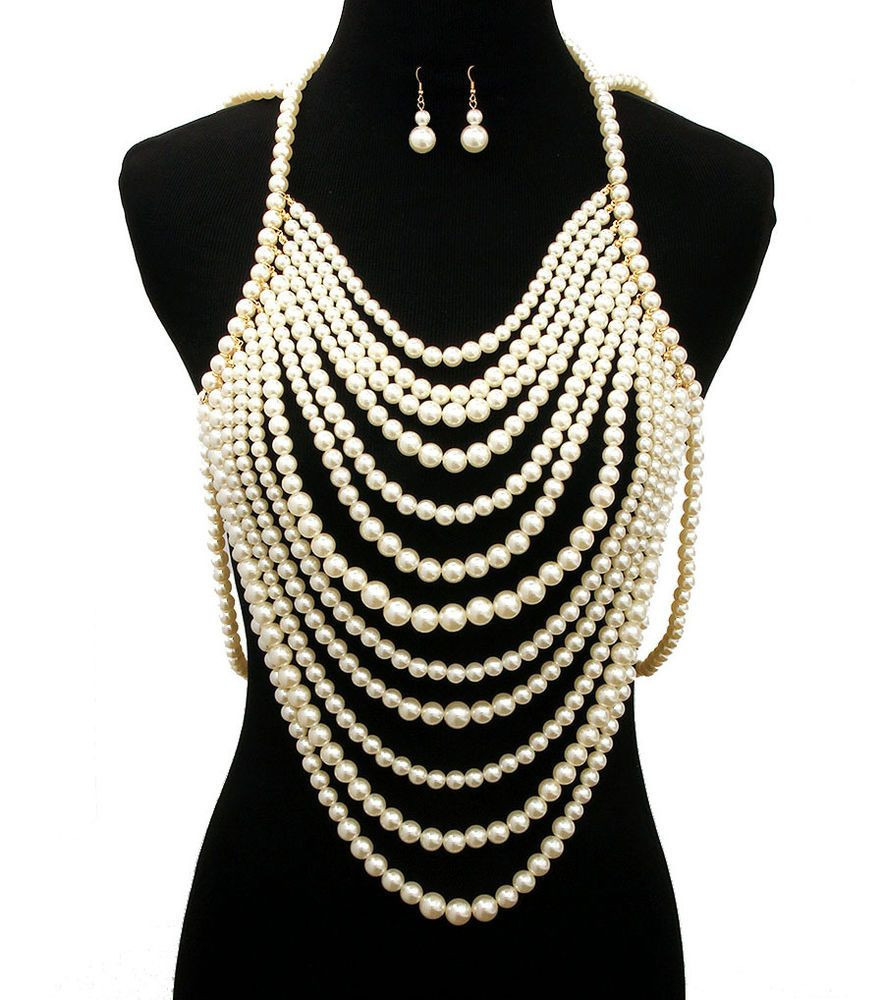 Body Jewelry Necklace
 12 Multi Layer Pearl Necklace Set Pearl Body Chain