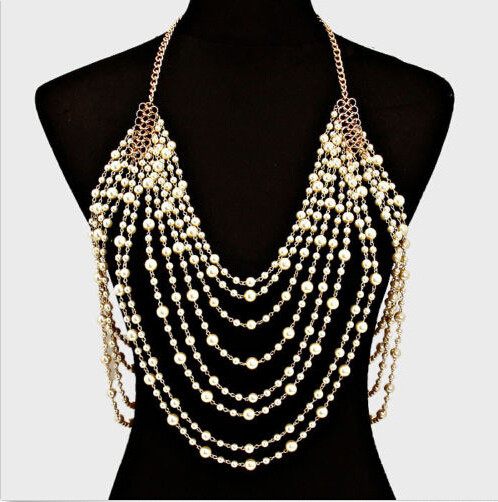 Body Jewelry Necklace
 Free shipping Long Cream Pearl Bead Draped Shoulder Bib