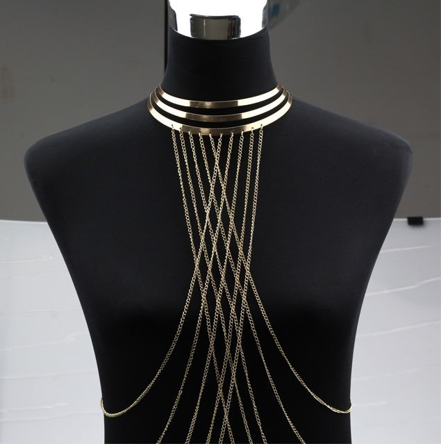 Body Jewelry Necklace
 Gold Plated Choker Necklace With Long Body Chain Jewelry