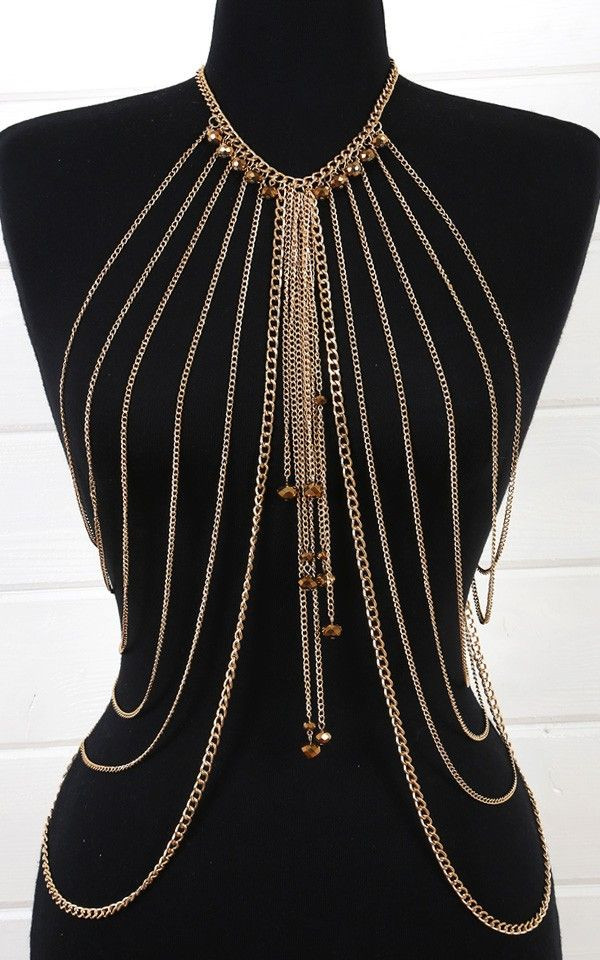 Body Jewelry Necklace
 Dangling Beads Draped Body Necklace GOLD