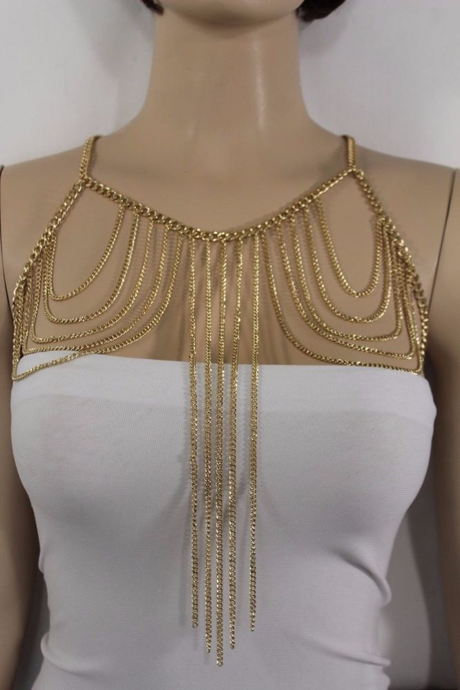 Body Jewelry Outfit
 Women Gold Metal Chain Link Body Jewelry Long Harness