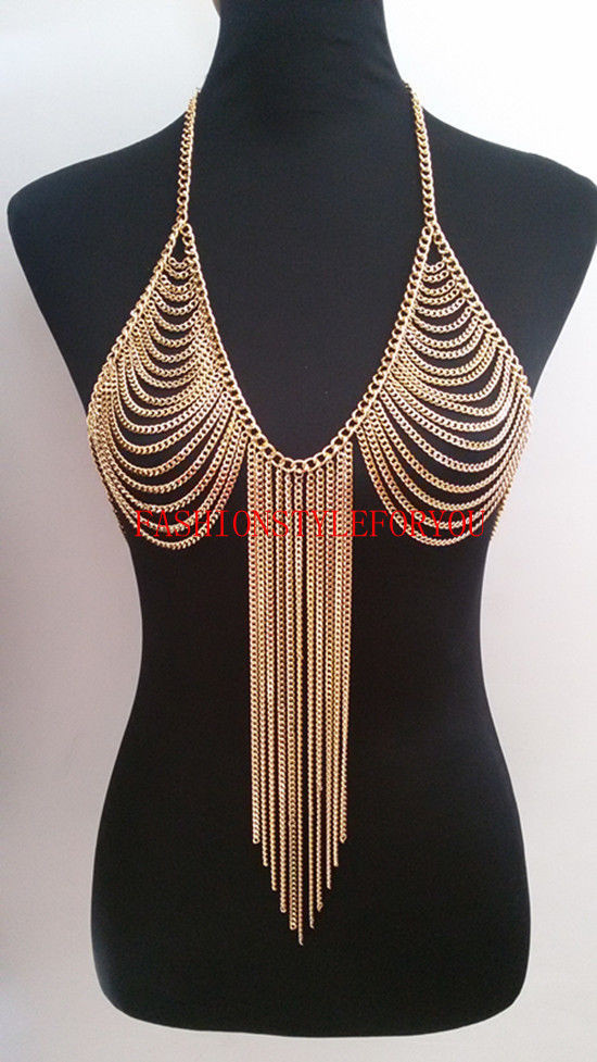 Body Jewelry Outfit
 Fashion Style B34 Women Gold Chains y Bra Chains