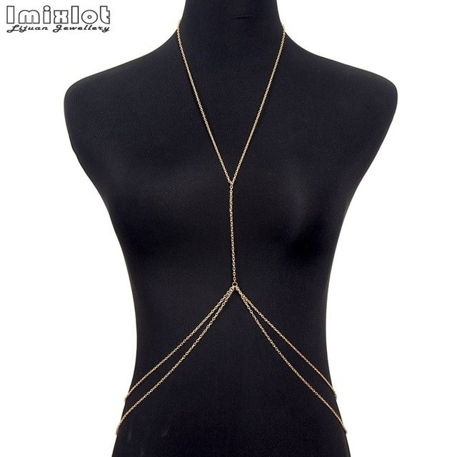 Body Jewelry Over Clothes
 1 PC Gold color y Body Chain Harness Crossover Belly
