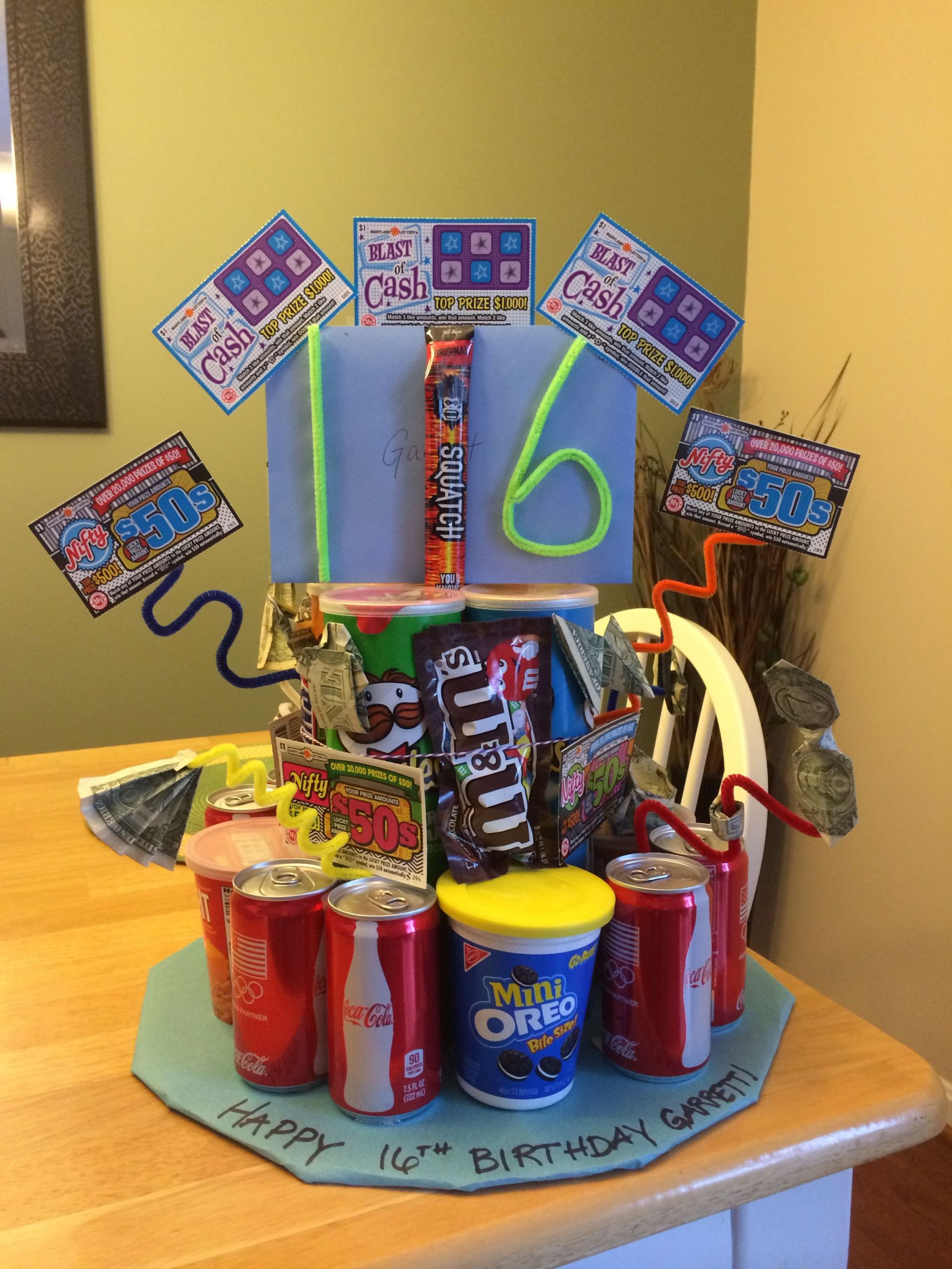 Boys Birthday Gift Ideas
 16th birthday "cake" for boy Pringles soda cookies