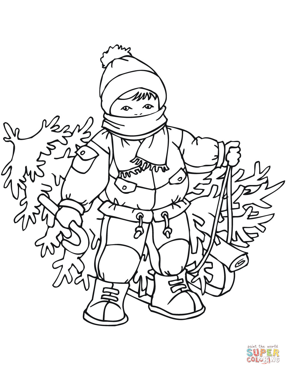 Boys Christmas Coloring Pages
 Little Boy with Xmas Tree coloring page